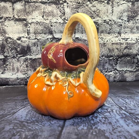 Vintage Pumpkin Gourd Double Pitcher Thanksgiving Fall Majolica Style - Picture 4 of 8